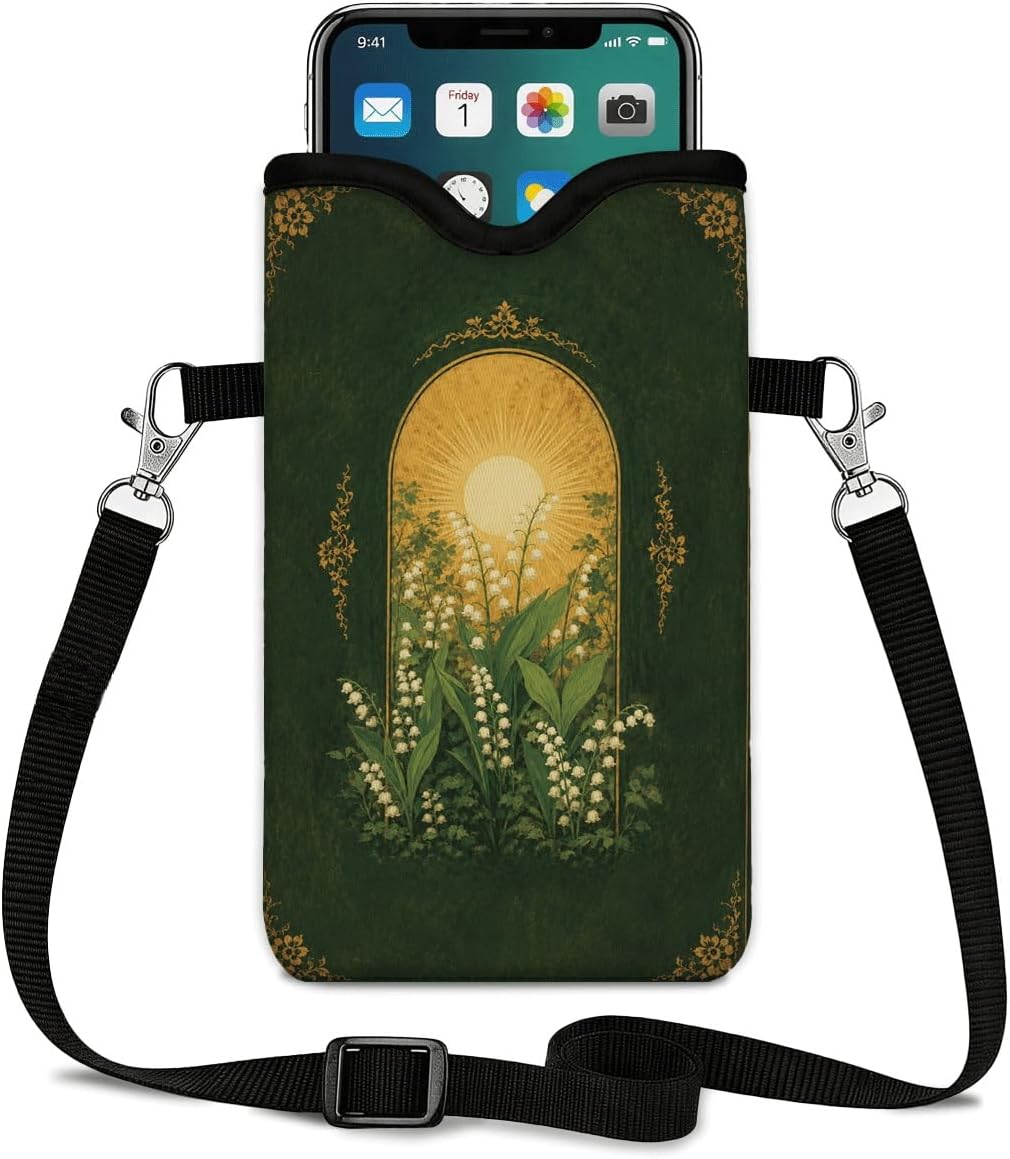Neoprene Phone Sleeve Pouch Case Bag for Women Men with Crossbody Strap, 7.1x3.9 in, Shockproof Black Cat Mobile Protection Case Bag with Neck Lanyard, Black Cat Garden, Gift for Cats Lovers - Colors C