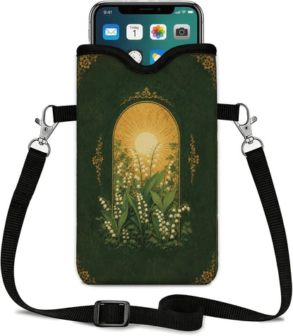 Neoprene Phone Sleeve Pouch Case Bag for Women Men with Crossbody Strap, 7.1x3.9 in, Shockproof Black Cat Mobile Protection Case Bag with Neck Lanyard, Black Cat Garden, Gift for Cats Lovers - Colors C