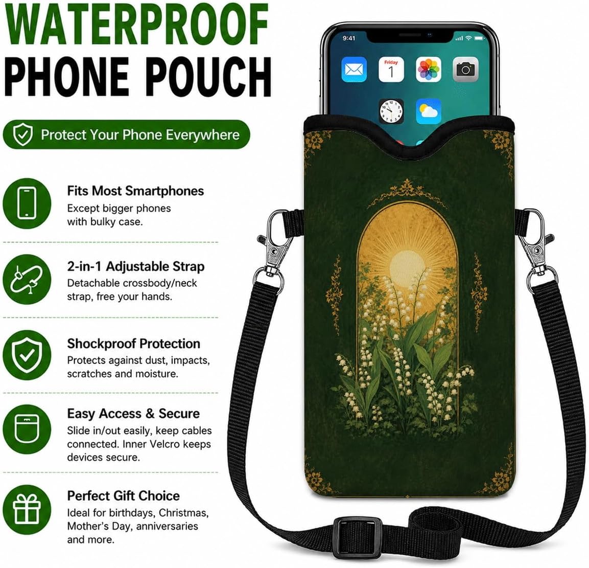 Neoprene Phone Sleeve Pouch Case Bag for Women Men with Crossbody Strap, 7.1x3.9 in, Shockproof Black Cat Mobile Protection Case Bag with Neck Lanyard, Black Cat Garden, Gift for Cats Lovers - Colors C