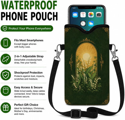 Neoprene Phone Sleeve Pouch Case Bag for Women Men with Crossbody Strap, 7.1x3.9 in, Shockproof Black Cat Mobile Protection Case Bag with Neck Lanyard, Black Cat Garden, Gift for Cats Lovers - Colors C