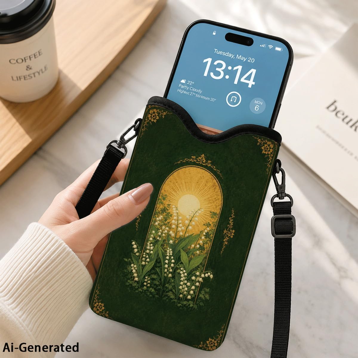 Neoprene Phone Sleeve Pouch Case Bag for Women Men with Crossbody Strap, 7.1x3.9 in, Shockproof Black Cat Mobile Protection Case Bag with Neck Lanyard, Black Cat Garden, Gift for Cats Lovers - Colors C