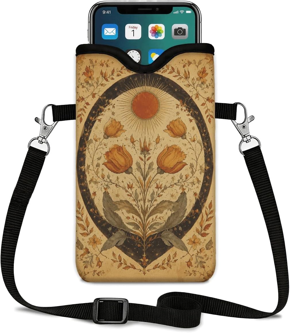 Neoprene Phone Sleeve Pouch Case Bag for Women Men with Crossbody Strap, 7.1x3.9 in, Shockproof Black Cat Mobile Protection Case Bag with Neck Lanyard, Black Cat Garden, Gift for Cats Lovers - Colors C