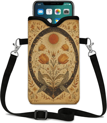 Neoprene Phone Sleeve Pouch Case Bag for Women Men with Crossbody Strap, 7.1x3.9 in, Shockproof Black Cat Mobile Protection Case Bag with Neck Lanyard, Black Cat Garden, Gift for Cats Lovers - Colors C