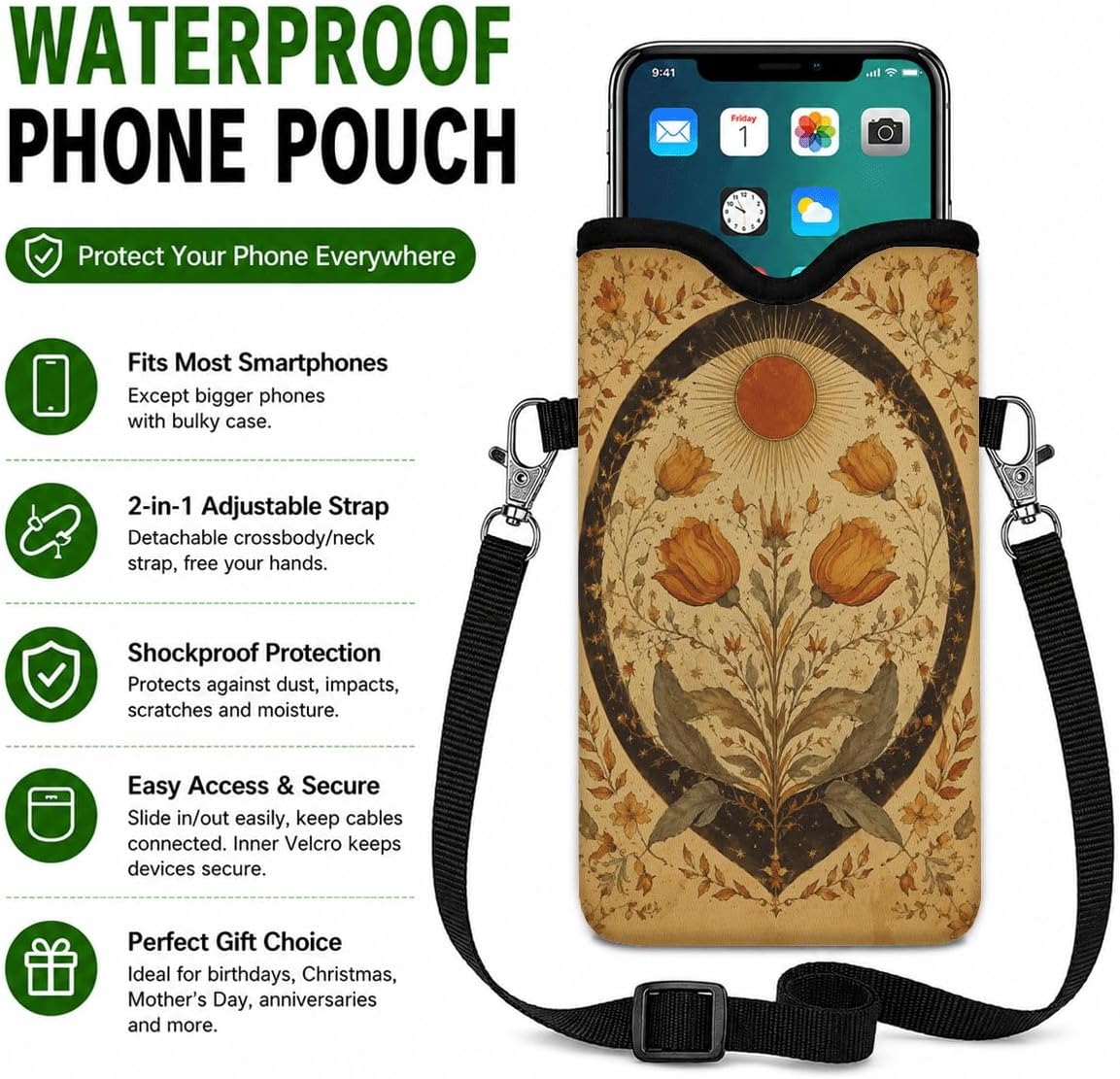 Neoprene Phone Sleeve Pouch Case Bag for Women Men with Crossbody Strap, 7.1x3.9 in, Shockproof Black Cat Mobile Protection Case Bag with Neck Lanyard, Black Cat Garden, Gift for Cats Lovers - Colors C