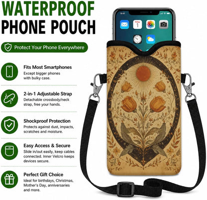 Neoprene Phone Sleeve Pouch Case Bag for Women Men with Crossbody Strap, 7.1x3.9 in, Shockproof Black Cat Mobile Protection Case Bag with Neck Lanyard, Black Cat Garden, Gift for Cats Lovers - Colors C
