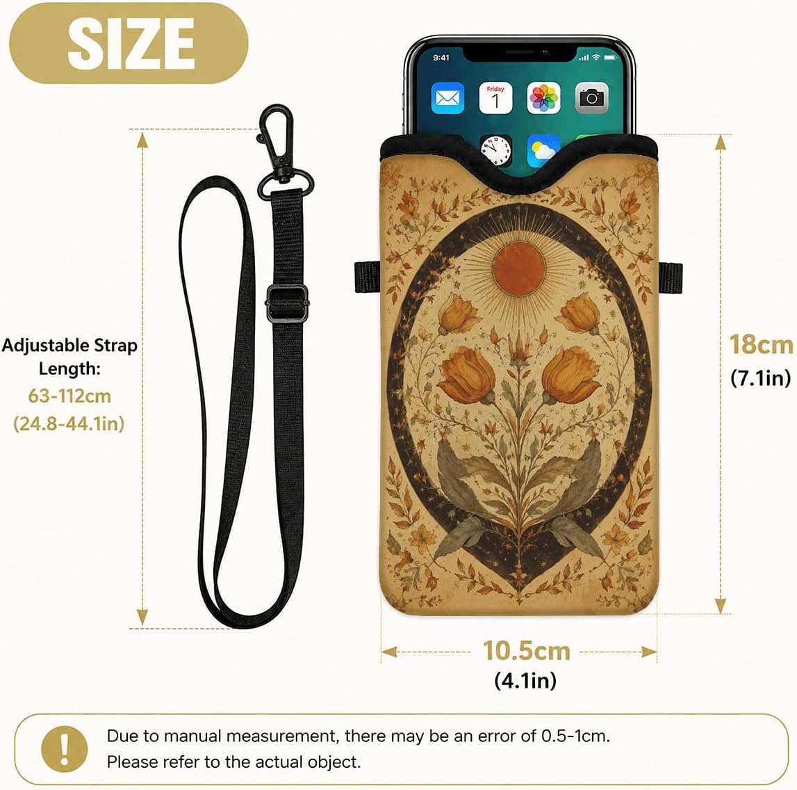Neoprene Phone Sleeve Pouch Case Bag for Women Men with Crossbody Strap, 7.1x3.9 in, Shockproof Black Cat Mobile Protection Case Bag with Neck Lanyard, Black Cat Garden, Gift for Cats Lovers - Colors C