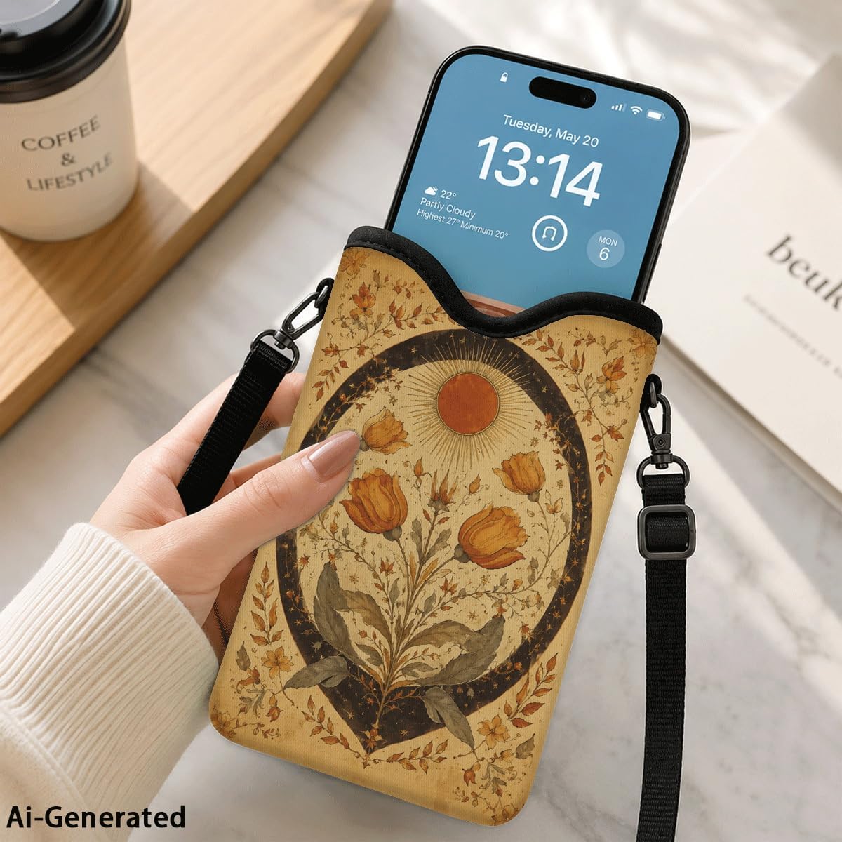 Neoprene Phone Sleeve Pouch Case Bag for Women Men with Crossbody Strap, 7.1x3.9 in, Shockproof Black Cat Mobile Protection Case Bag with Neck Lanyard, Black Cat Garden, Gift for Cats Lovers - Colors C