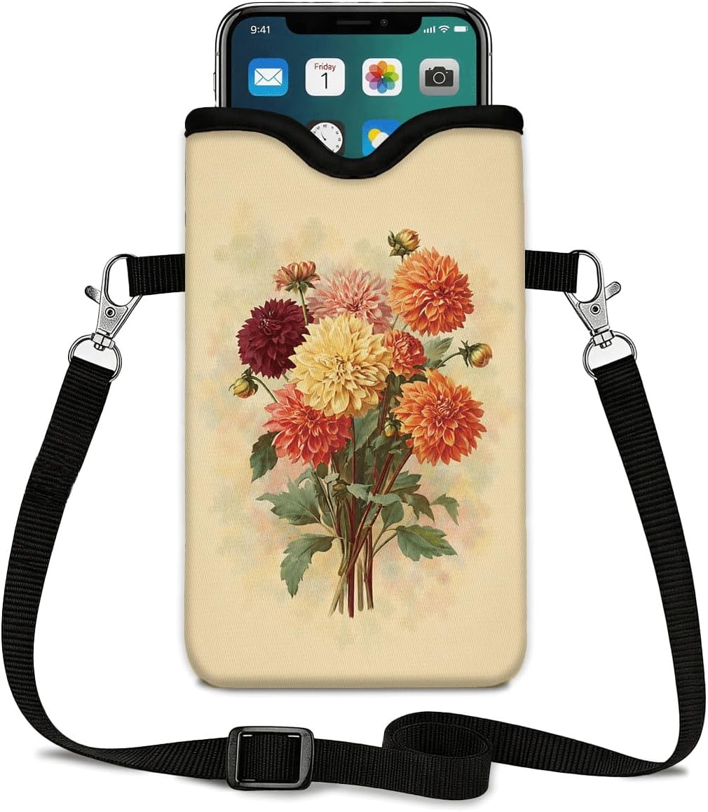 Neoprene Phone Sleeve Pouch Case Bag for Women Men with Crossbody Strap, 7.1x3.9 in, Shockproof Black Cat Mobile Protection Case Bag with Neck Lanyard, Black Cat Garden, Gift for Cats Lovers - Colors C