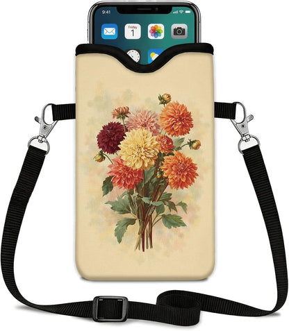Neoprene Phone Sleeve Pouch Case Bag for Women Men with Crossbody Strap, 7.1x3.9 in, Shockproof Black Cat Mobile Protection Case Bag with Neck Lanyard, Black Cat Garden, Gift for Cats Lovers - Colors C