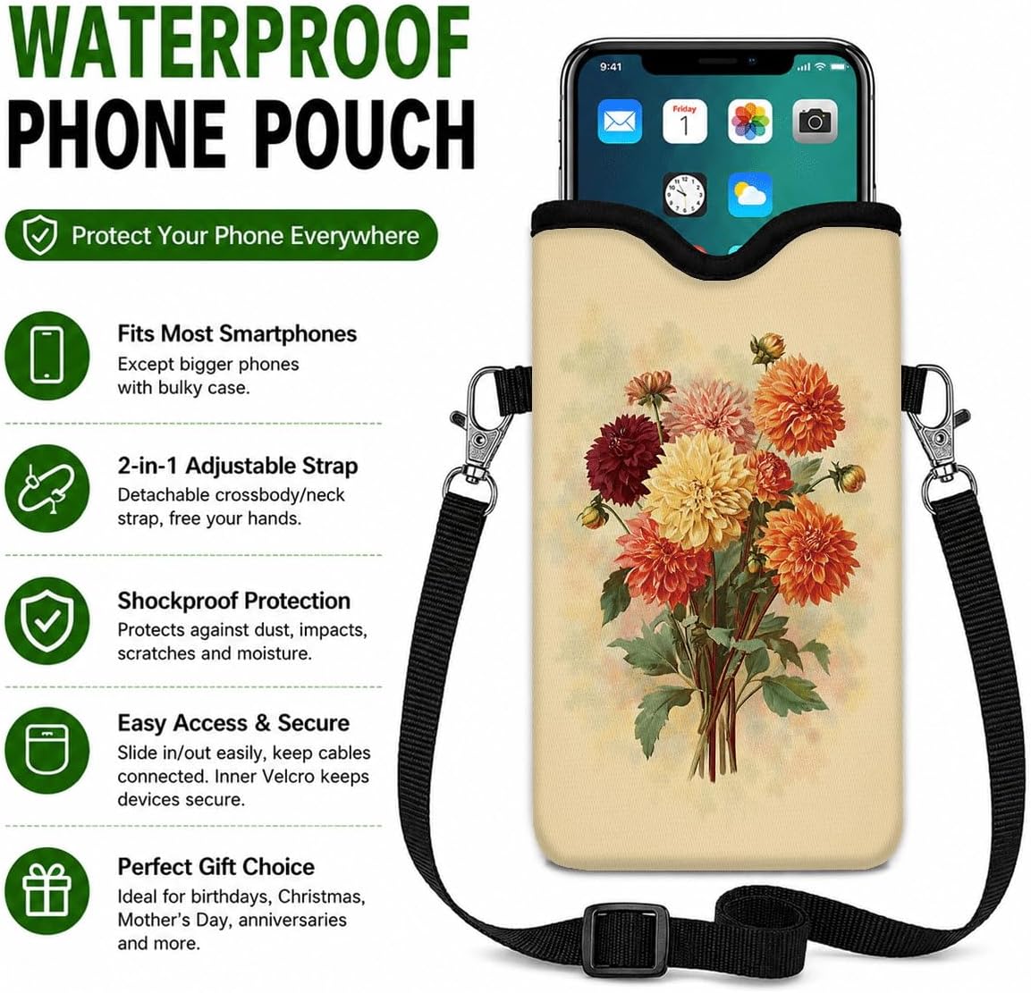 Neoprene Phone Sleeve Pouch Case Bag for Women Men with Crossbody Strap, 7.1x3.9 in, Shockproof Black Cat Mobile Protection Case Bag with Neck Lanyard, Black Cat Garden, Gift for Cats Lovers - Colors C
