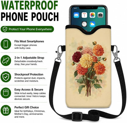 Neoprene Phone Sleeve Pouch Case Bag for Women Men with Crossbody Strap, 7.1x3.9 in, Shockproof Black Cat Mobile Protection Case Bag with Neck Lanyard, Black Cat Garden, Gift for Cats Lovers - Colors C