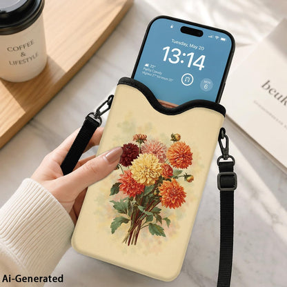 Neoprene Phone Sleeve Pouch Case Bag for Women Men with Crossbody Strap, 7.1x3.9 in, Shockproof Black Cat Mobile Protection Case Bag with Neck Lanyard, Black Cat Garden, Gift for Cats Lovers - Colors C