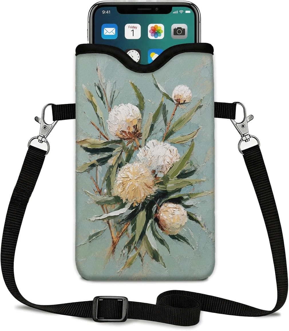 Neoprene Phone Sleeve Pouch Case Bag for Women Men with Crossbody Strap, 7.1x3.9 in, Shockproof Black Cat Mobile Protection Case Bag with Neck Lanyard, Black Cat Garden, Gift for Cats Lovers - Colors C