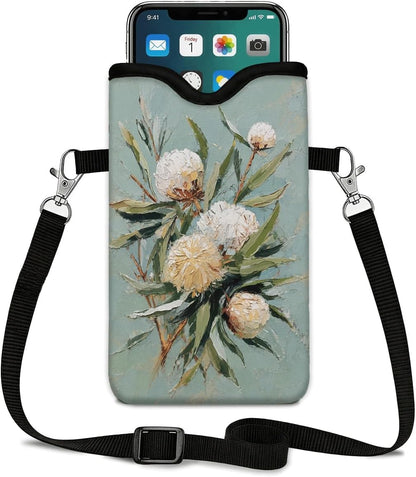 Neoprene Phone Sleeve Pouch Case Bag for Women Men with Crossbody Strap, 7.1x3.9 in, Shockproof Black Cat Mobile Protection Case Bag with Neck Lanyard, Black Cat Garden, Gift for Cats Lovers - Colors C