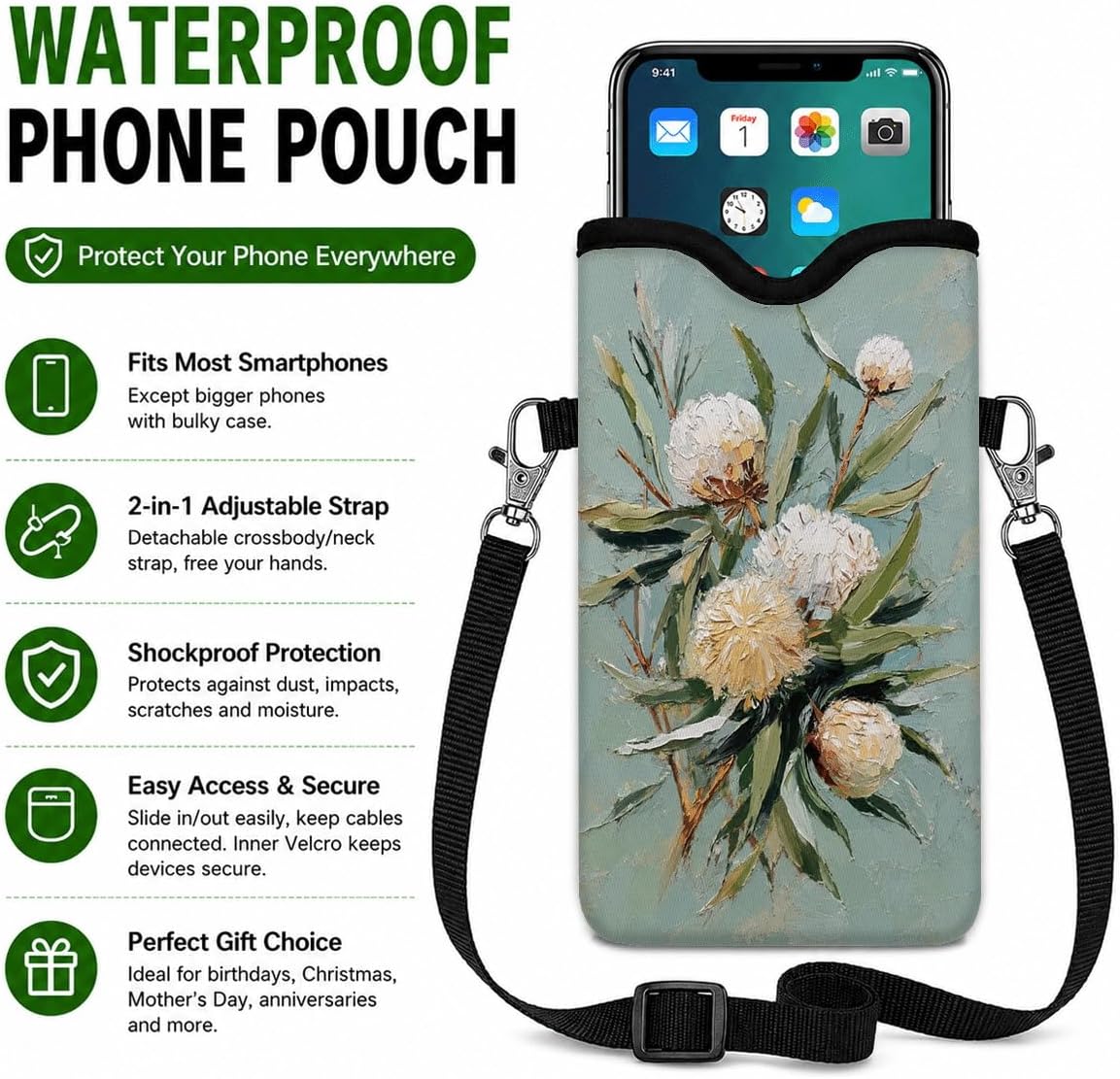 Neoprene Phone Sleeve Pouch Case Bag for Women Men with Crossbody Strap, 7.1x3.9 in, Shockproof Black Cat Mobile Protection Case Bag with Neck Lanyard, Black Cat Garden, Gift for Cats Lovers - Colors C