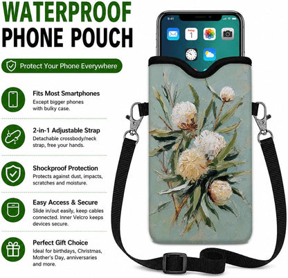 Neoprene Phone Sleeve Pouch Case Bag for Women Men with Crossbody Strap, 7.1x3.9 in, Shockproof Black Cat Mobile Protection Case Bag with Neck Lanyard, Black Cat Garden, Gift for Cats Lovers - Colors C