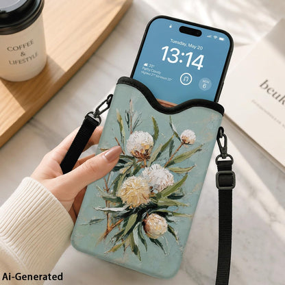 Neoprene Phone Sleeve Pouch Case Bag for Women Men with Crossbody Strap, 7.1x3.9 in, Shockproof Black Cat Mobile Protection Case Bag with Neck Lanyard, Black Cat Garden, Gift for Cats Lovers - Colors C