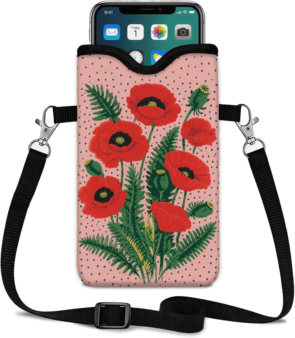 Neoprene Phone Sleeve Pouch Case Bag for Women Men with Crossbody Strap, 7.1x3.9 in, Shockproof Black Cat Mobile Protection Case Bag with Neck Lanyard, Black Cat Garden, Gift for Cats Lovers - Colors C