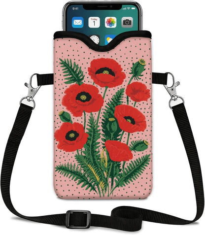 Neoprene Phone Sleeve Pouch Case Bag for Women Men with Crossbody Strap, 7.1x3.9 in, Shockproof Black Cat Mobile Protection Case Bag with Neck Lanyard, Black Cat Garden, Gift for Cats Lovers - Colors C