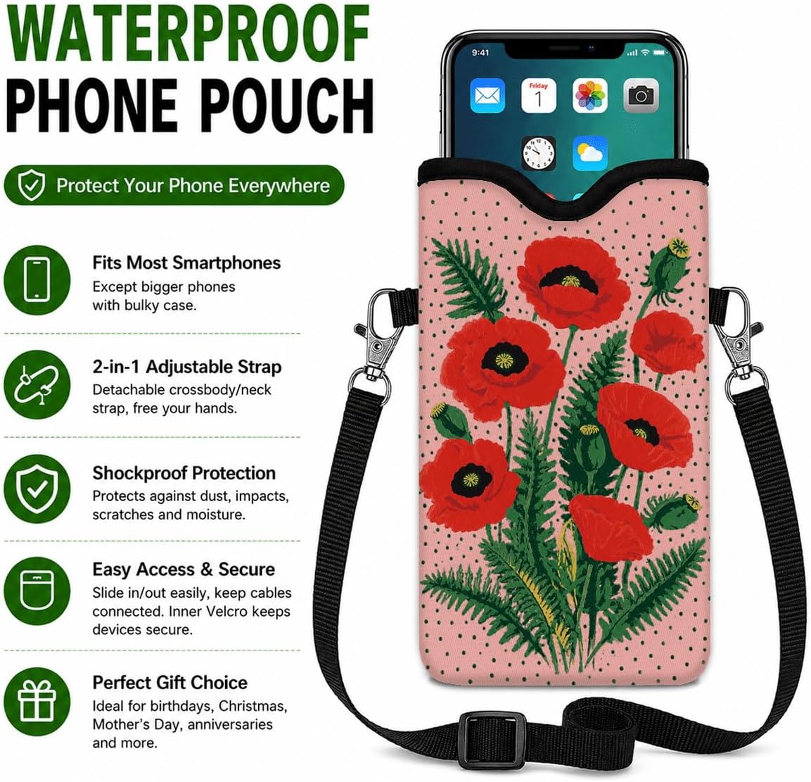 Neoprene Phone Sleeve Pouch Case Bag for Women Men with Crossbody Strap, 7.1x3.9 in, Shockproof Black Cat Mobile Protection Case Bag with Neck Lanyard, Black Cat Garden, Gift for Cats Lovers - Colors C
