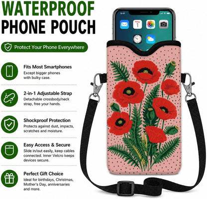 Neoprene Phone Sleeve Pouch Case Bag for Women Men with Crossbody Strap, 7.1x3.9 in, Shockproof Black Cat Mobile Protection Case Bag with Neck Lanyard, Black Cat Garden, Gift for Cats Lovers - Colors C