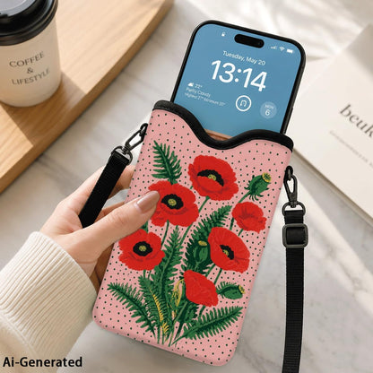 Neoprene Phone Sleeve Pouch Case Bag for Women Men with Crossbody Strap, 7.1x3.9 in, Shockproof Black Cat Mobile Protection Case Bag with Neck Lanyard, Black Cat Garden, Gift for Cats Lovers - Colors C