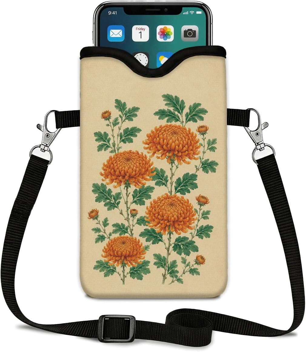 Neoprene Phone Sleeve Pouch Case Bag for Women Men with Crossbody Strap, 7.1x3.9 in, Shockproof Black Cat Mobile Protection Case Bag with Neck Lanyard, Black Cat Garden, Gift for Cats Lovers - Colors C