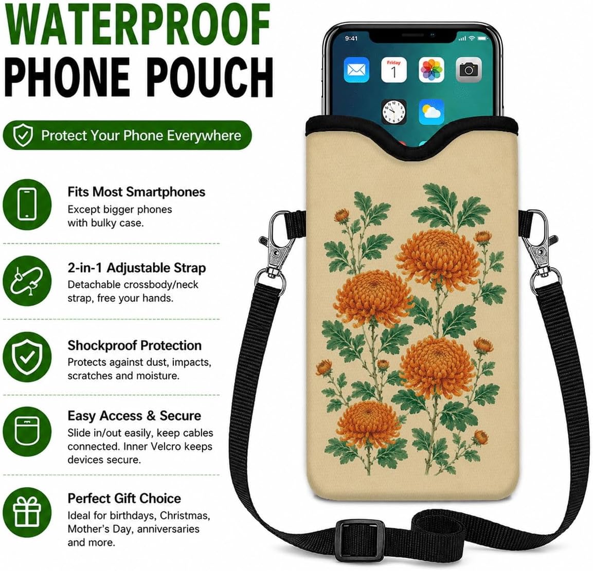 Neoprene Phone Sleeve Pouch Case Bag for Women Men with Crossbody Strap, 7.1x3.9 in, Shockproof Black Cat Mobile Protection Case Bag with Neck Lanyard, Black Cat Garden, Gift for Cats Lovers - Colors C
