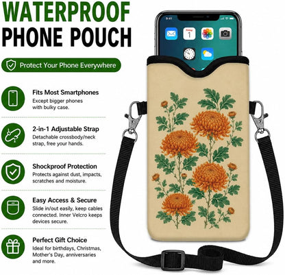 Neoprene Phone Sleeve Pouch Case Bag for Women Men with Crossbody Strap, 7.1x3.9 in, Shockproof Black Cat Mobile Protection Case Bag with Neck Lanyard, Black Cat Garden, Gift for Cats Lovers - Colors C