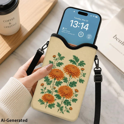 Neoprene Phone Sleeve Pouch Case Bag for Women Men with Crossbody Strap, 7.1x3.9 in, Shockproof Black Cat Mobile Protection Case Bag with Neck Lanyard, Black Cat Garden, Gift for Cats Lovers - Colors C