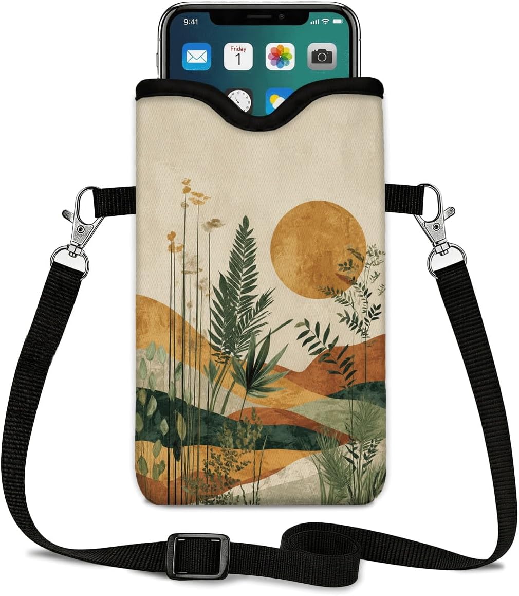 Neoprene Phone Sleeve Pouch Case Bag for Women Men with Crossbody Strap, 7.1x3.9 in, Shockproof Black Cat Mobile Protection Case Bag with Neck Lanyard, Black Cat Garden, Gift for Cats Lovers - Colors C