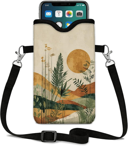 Neoprene Phone Sleeve Pouch Case Bag for Women Men with Crossbody Strap, 7.1x3.9 in, Shockproof Black Cat Mobile Protection Case Bag with Neck Lanyard, Black Cat Garden, Gift for Cats Lovers - Colors C