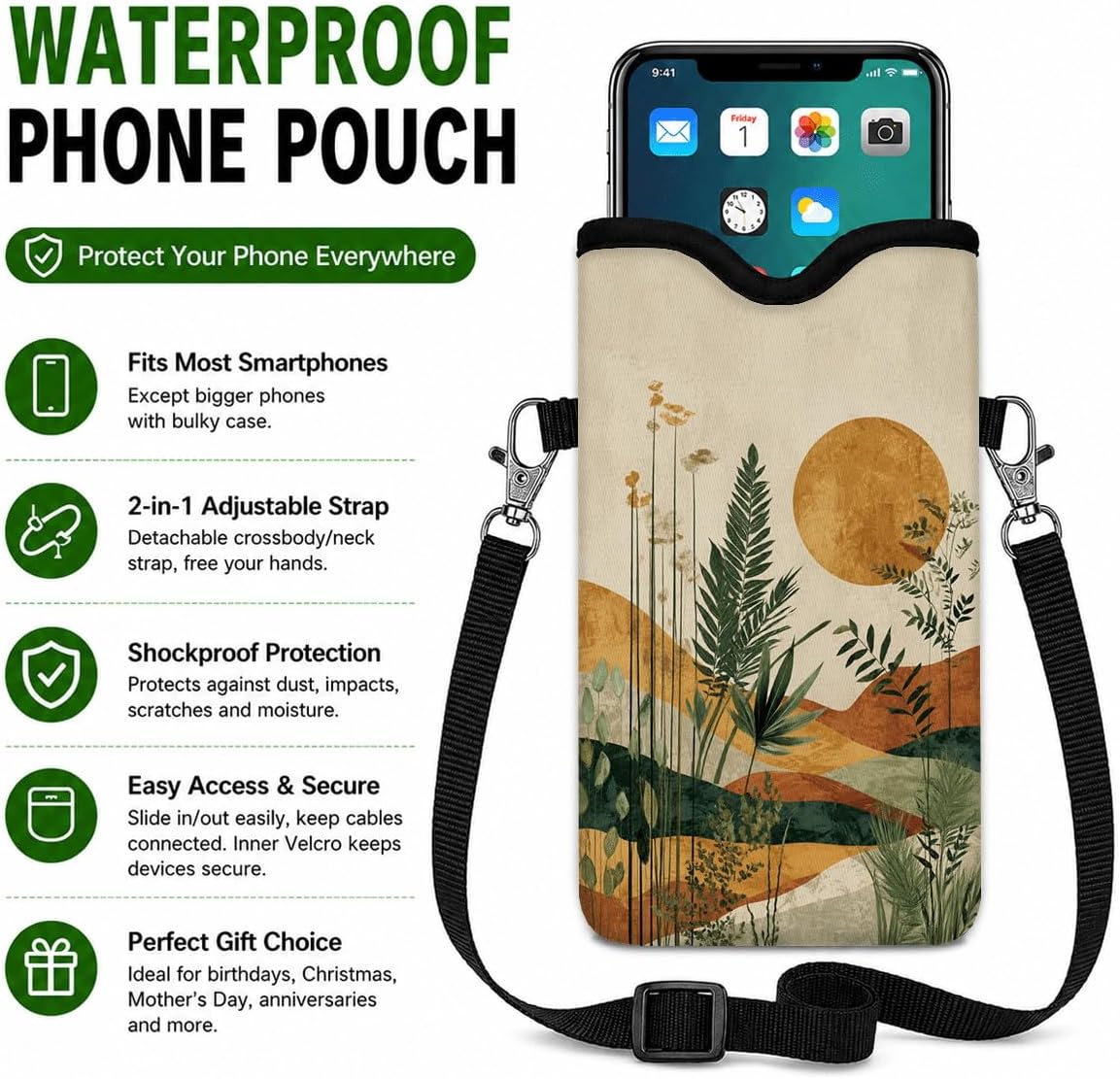 Neoprene Phone Sleeve Pouch Case Bag for Women Men with Crossbody Strap, 7.1x3.9 in, Shockproof Black Cat Mobile Protection Case Bag with Neck Lanyard, Black Cat Garden, Gift for Cats Lovers - Colors C