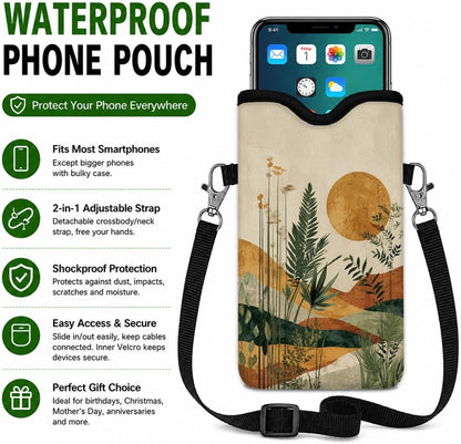 Neoprene Phone Sleeve Pouch Case Bag for Women Men with Crossbody Strap, 7.1x3.9 in, Shockproof Black Cat Mobile Protection Case Bag with Neck Lanyard, Black Cat Garden, Gift for Cats Lovers - Colors C