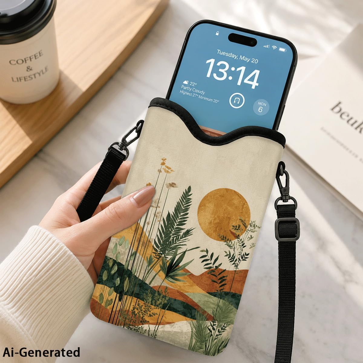Neoprene Phone Sleeve Pouch Case Bag for Women Men with Crossbody Strap, 7.1x3.9 in, Shockproof Black Cat Mobile Protection Case Bag with Neck Lanyard, Black Cat Garden, Gift for Cats Lovers - Colors C