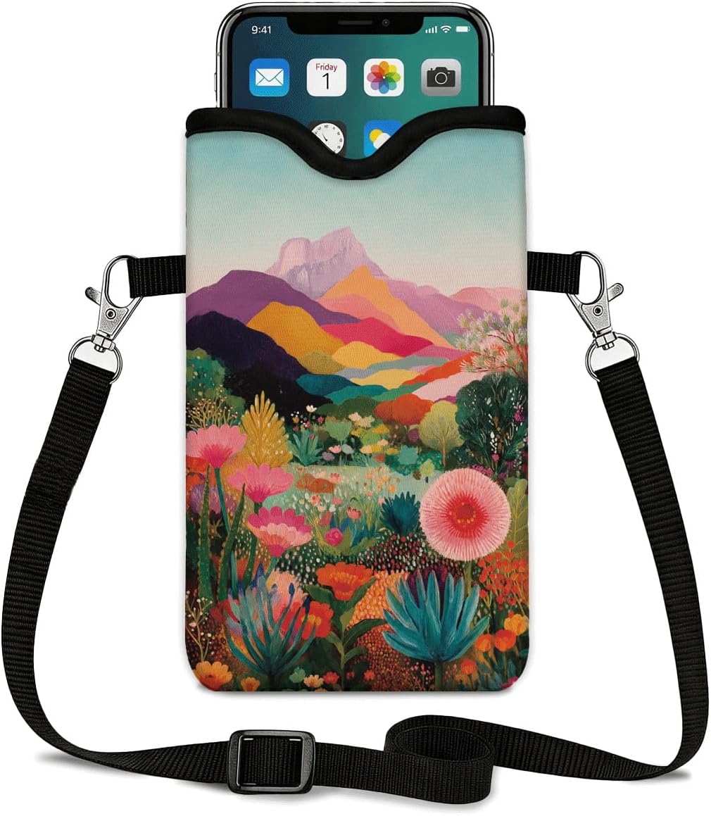 Neoprene Phone Sleeve Pouch Case Bag for Women Men with Crossbody Strap, 7.1x3.9 in, Shockproof Black Cat Mobile Protection Case Bag with Neck Lanyard, Black Cat Garden, Gift for Cats Lovers - Colors C