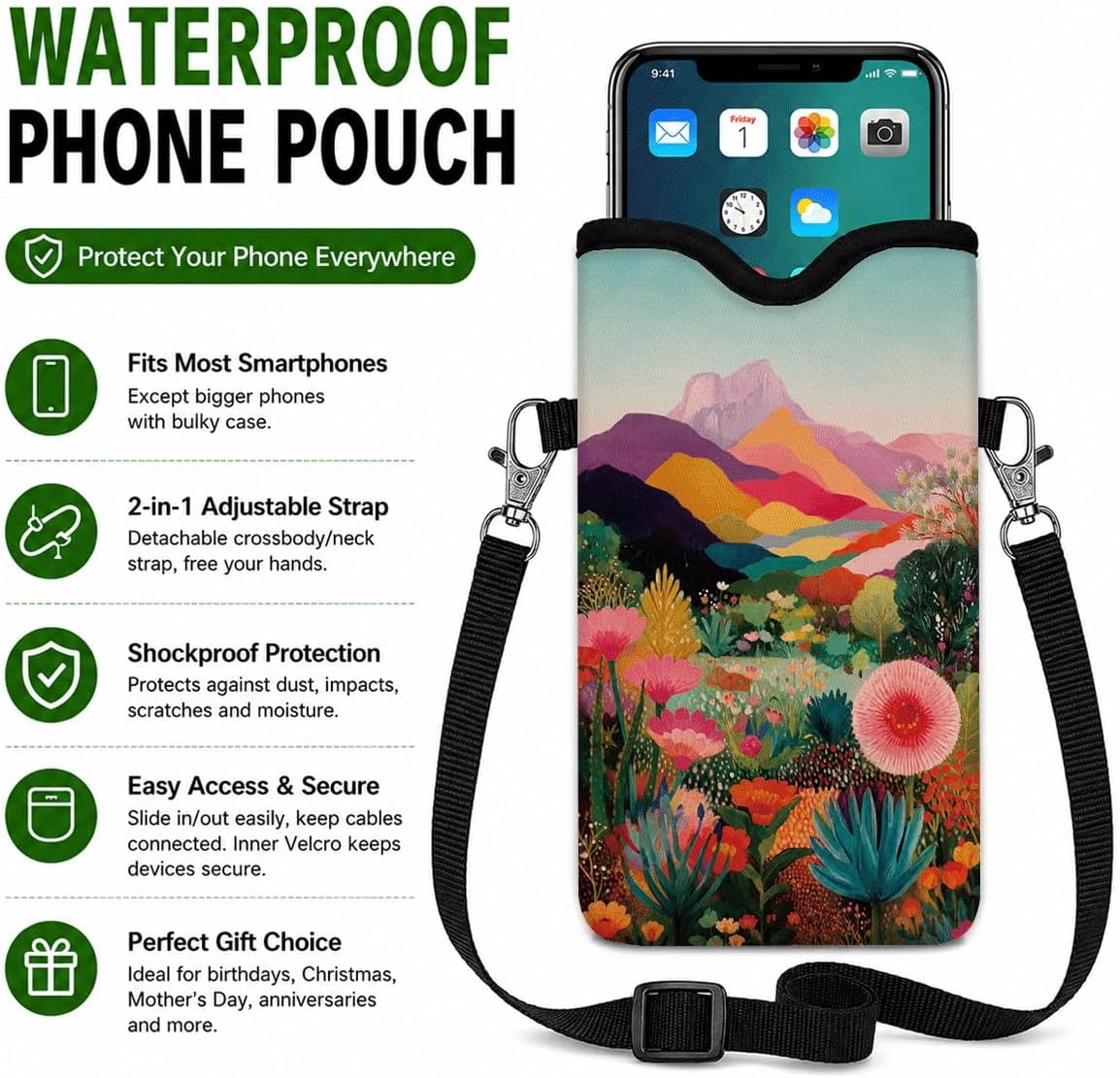 Neoprene Phone Sleeve Pouch Case Bag for Women Men with Crossbody Strap, 7.1x3.9 in, Shockproof Black Cat Mobile Protection Case Bag with Neck Lanyard, Black Cat Garden, Gift for Cats Lovers - Colors C
