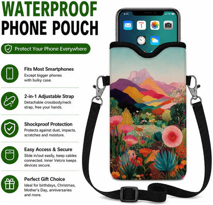 Neoprene Phone Sleeve Pouch Case Bag for Women Men with Crossbody Strap, 7.1x3.9 in, Shockproof Black Cat Mobile Protection Case Bag with Neck Lanyard, Black Cat Garden, Gift for Cats Lovers - Colors C