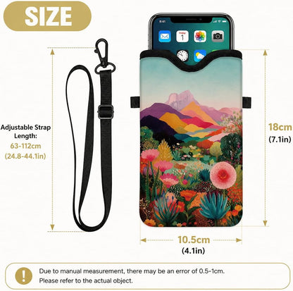 Neoprene Phone Sleeve Pouch Case Bag for Women Men with Crossbody Strap, 7.1x3.9 in, Shockproof Black Cat Mobile Protection Case Bag with Neck Lanyard, Black Cat Garden, Gift for Cats Lovers - Colors C