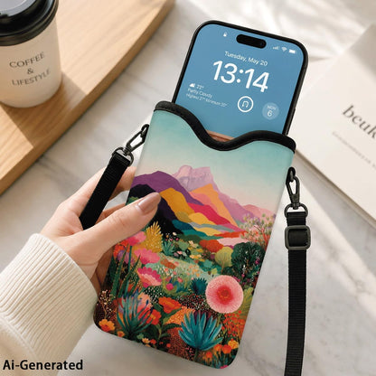 Neoprene Phone Sleeve Pouch Case Bag for Women Men with Crossbody Strap, 7.1x3.9 in, Shockproof Black Cat Mobile Protection Case Bag with Neck Lanyard, Black Cat Garden, Gift for Cats Lovers - Colors C