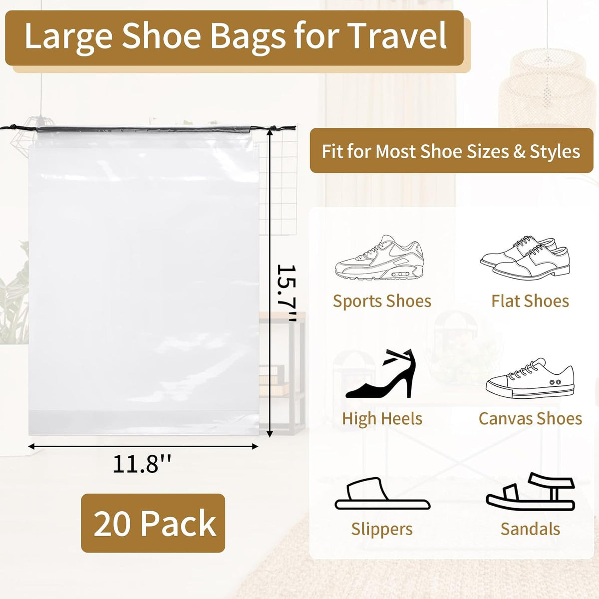 20 Pack Shoe Bags for Travel, 15.7" x 11.8" Clear Travel Shoe Bags for Packing, Large Waterproof Portable Drawstring Travel Shoe Storage Bag Travel Essentials Women for and Men