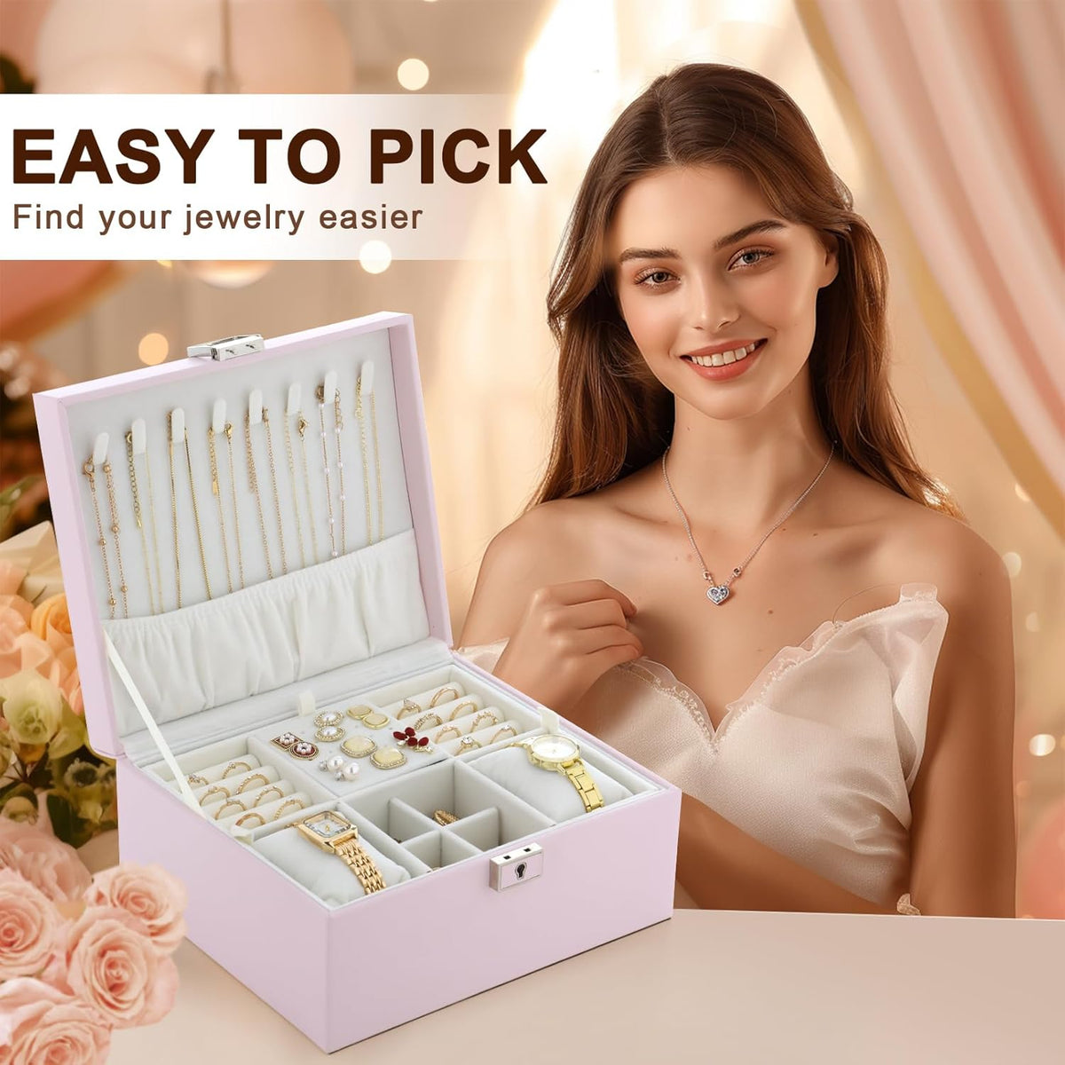 Jewelry Organizer Boxes for Women,Travel Jewelry Case, 2 Layers Removable Jewelry Box,Storage for Necklace, Bracelet, Earring,Rings,Jewelry Box Gifts for Women Girls