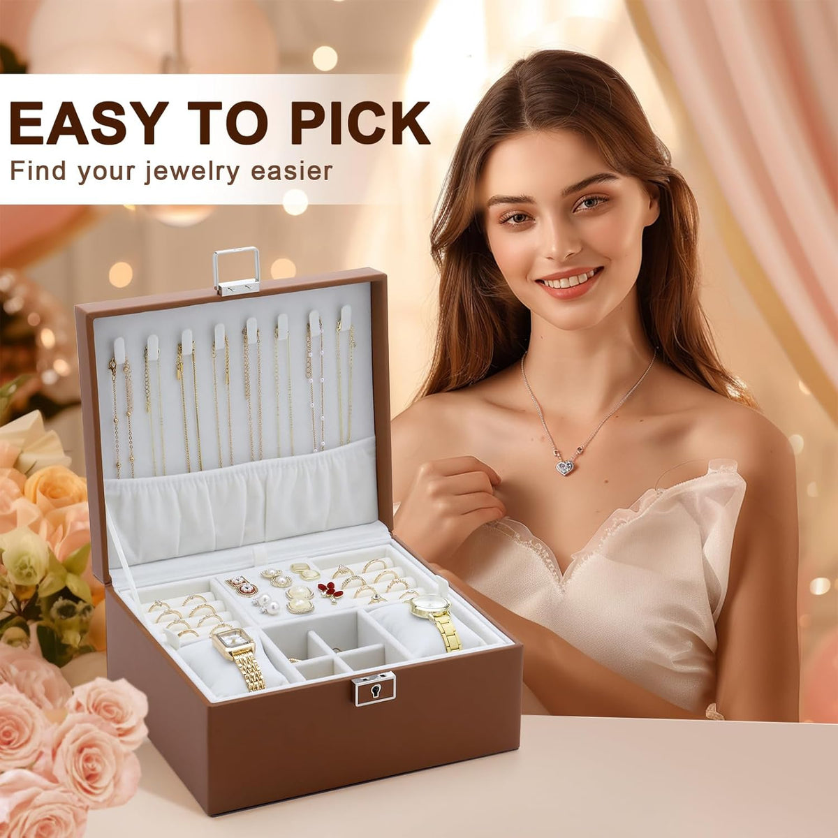 Jewelry Organizer Boxes for Women,Travel Jewelry Case, 2 Layers Removable Jewelry Box,Storage for Necklace, Bracelet, Earring,Rings,Jewelry Box Gifts for Women Girls