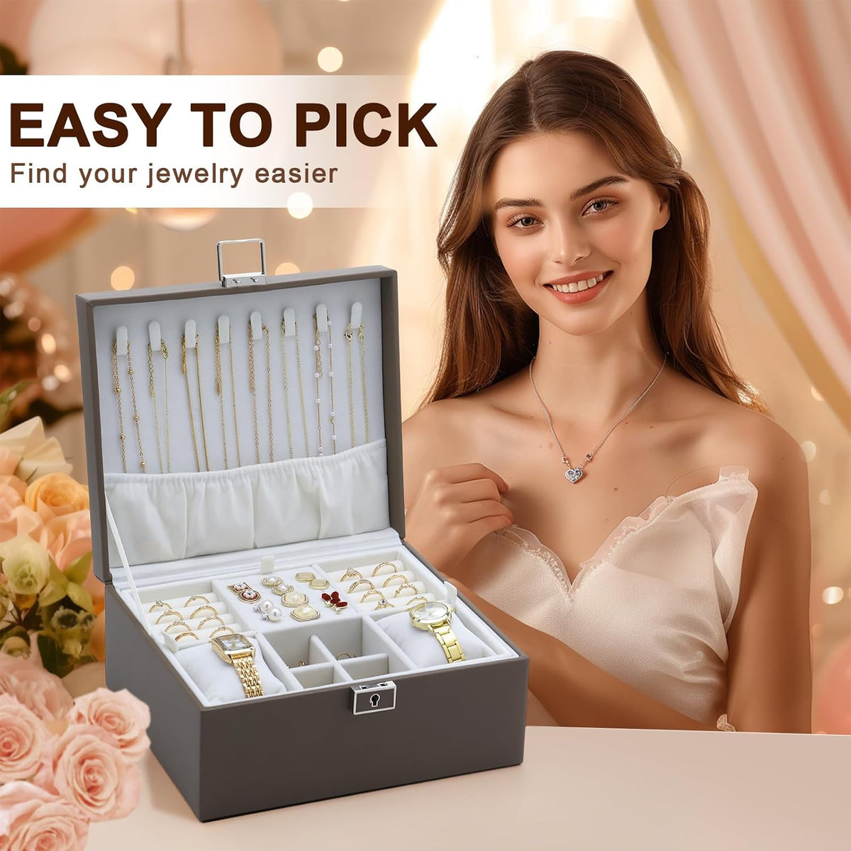 Jewelry Organizer Boxes for Women,Travel Jewelry Case, 2 Layers Removable Jewelry Box,Storage for Necklace, Bracelet, Earring,Rings,Jewelry Box Gifts for Women Girls
