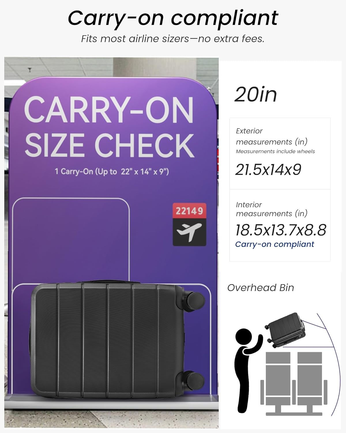 Carry On Luggage 22x14x9 Airline Approved, 20" Hardside Suitcase with Front Pocket, Lightweight Spinner Luggage with TSA Lock & Matching Tote Bag (3 Piece Sets, White)