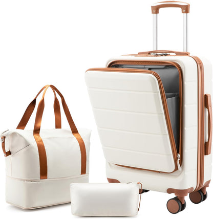 Carry On Luggage 22x14x9 Airline Approved, 20" Hardside Suitcase with Front Pocket, Lightweight Spinner Luggage with TSA Lock & Matching Tote Bag (3 Piece Sets, White)