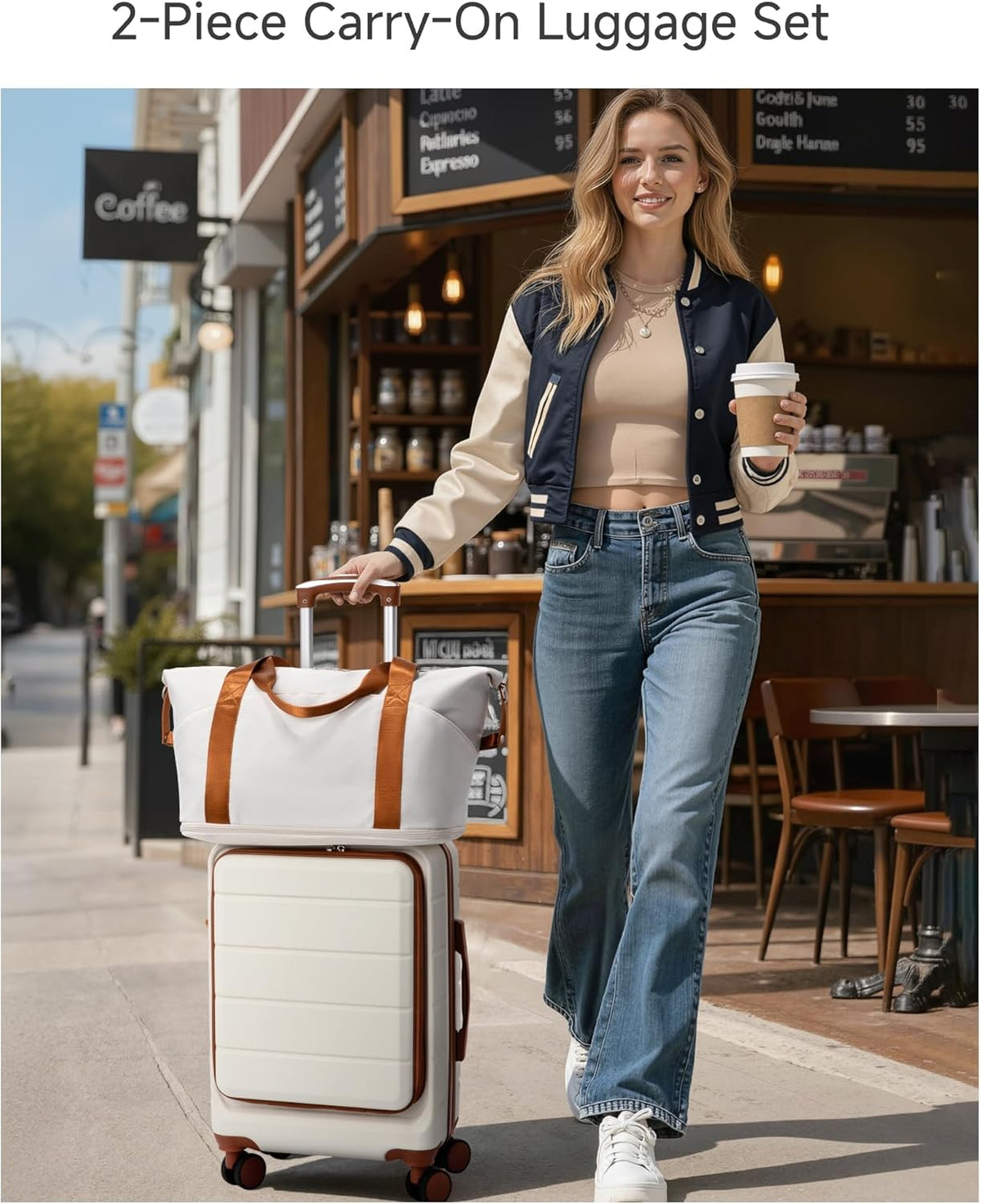 Carry On Luggage 22x14x9 Airline Approved, 20" Hardside Suitcase with Front Pocket, Lightweight Spinner Luggage with TSA Lock & Matching Tote Bag (3 Piece Sets, White)