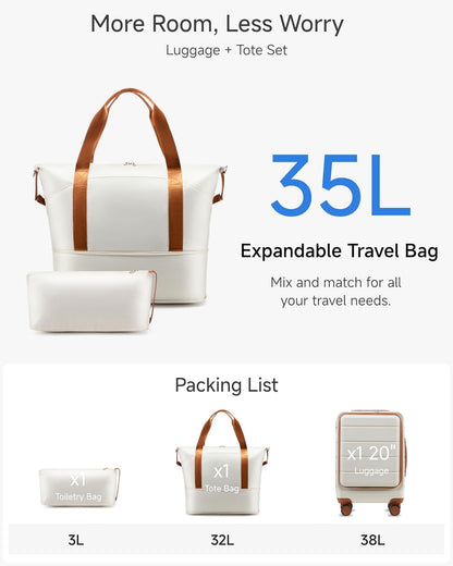 Carry On Luggage 22x14x9 Airline Approved, 20" Hardside Suitcase with Front Pocket, Lightweight Spinner Luggage with TSA Lock & Matching Tote Bag (3 Piece Sets, White)