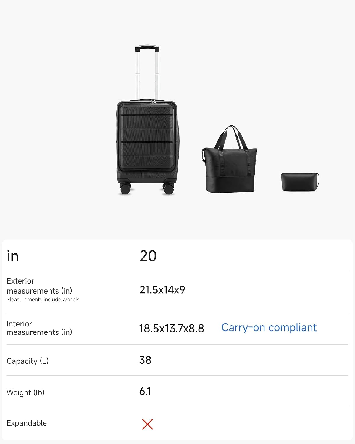 Carry On Luggage 22x14x9 Airline Approved, 20" Hardside Suitcase with Front Pocket, Lightweight Spinner Luggage with TSA Lock & Matching Tote Bag (3 Piece Sets, White)