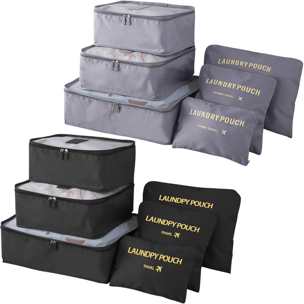 12 Set Packing Cubes for Travel Luggage Packing Bags Reusable Waterproof Suitcase Organizer Bags Set with Shoe Bag and Toiletry Bag (Black+Grey)